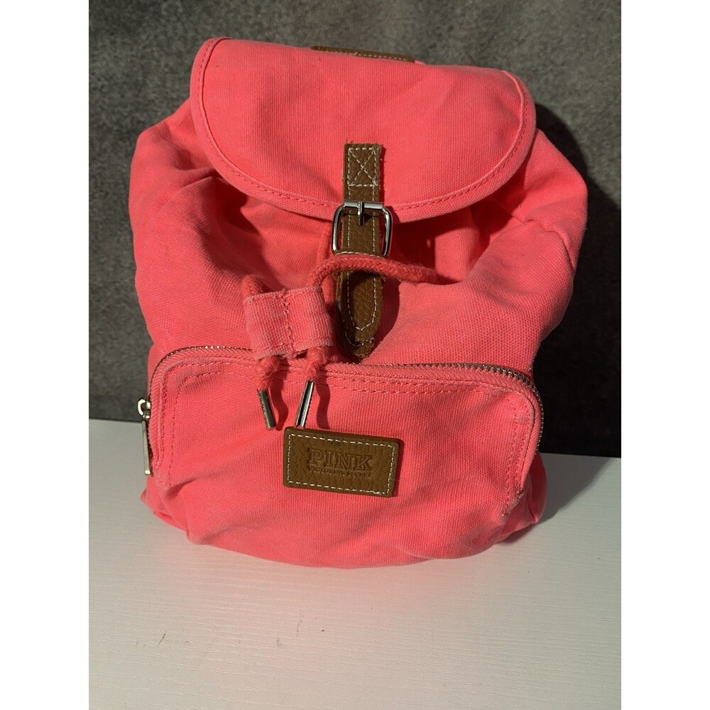 Victoria's Secret PINK Neon Pink Canvas Mini Backpack Brown Leather Trim